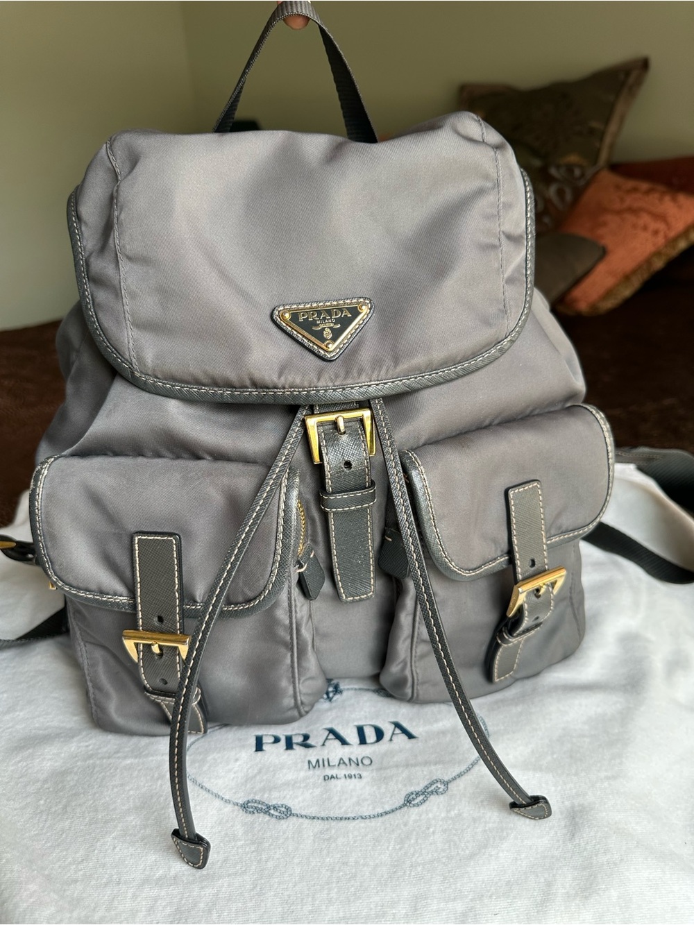 Prada Gray Nylon Drawstring Backpack with Gold Hardware